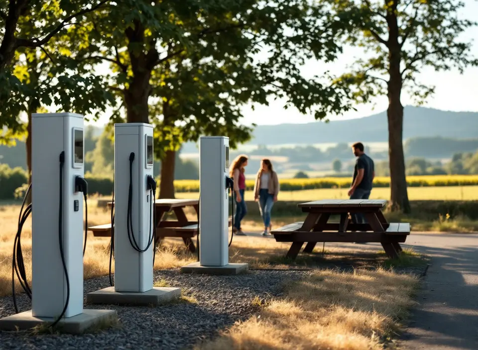 Drie laadzuilen op een Franse rustplaats langs de snelweg, met picknicktafels onder platanen en heuvels in de verte