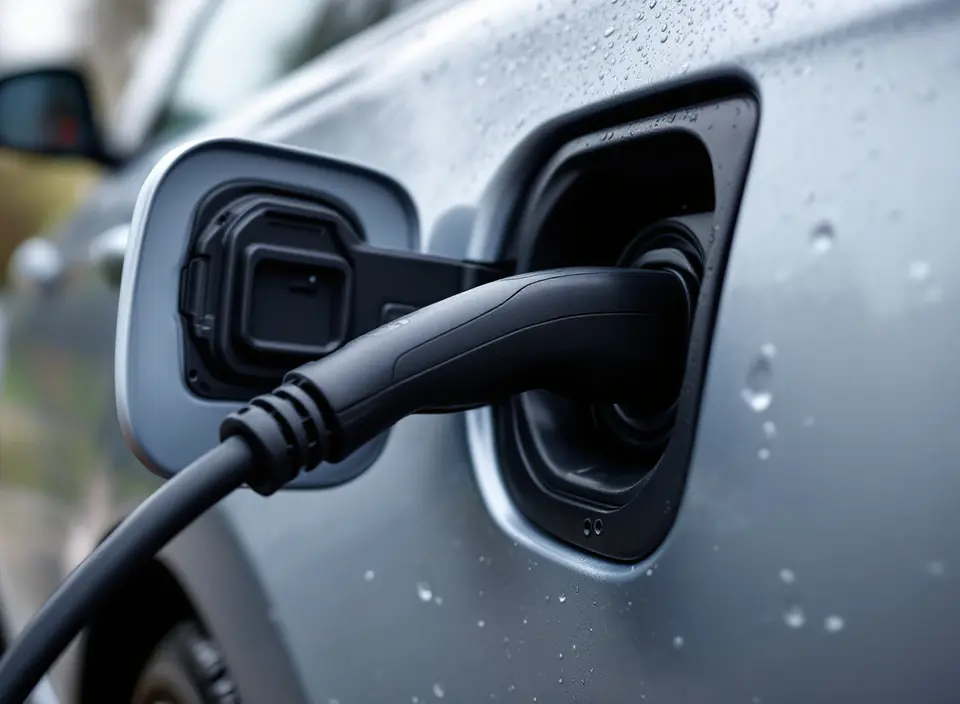 Een zwarte type 2-stekker in de laadklep van een zilvergrijze auto, met regendruppels op de lak