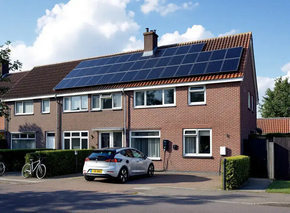 Een Nederlandse rijtjeswoning met zwarte zonnepanelen op het dak, een wandlader naast de voordeur en een kleine elektrische auto op de oprit