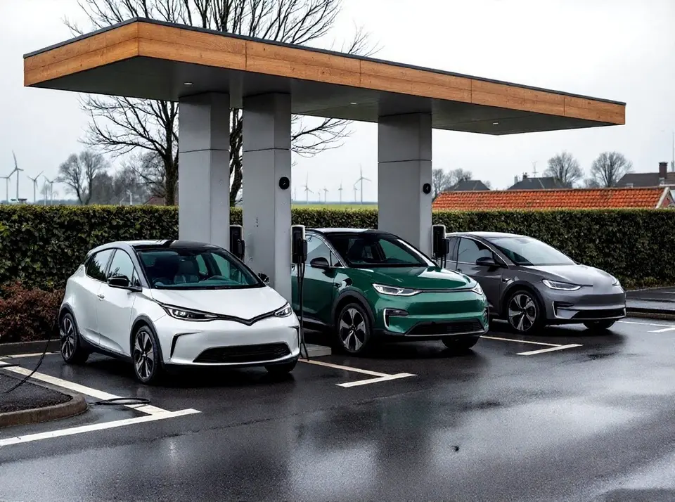 Drie elektrische auto's laden onder een houten overkapping bij een snellaadplein langs de snelweg, met windmolens in de polder