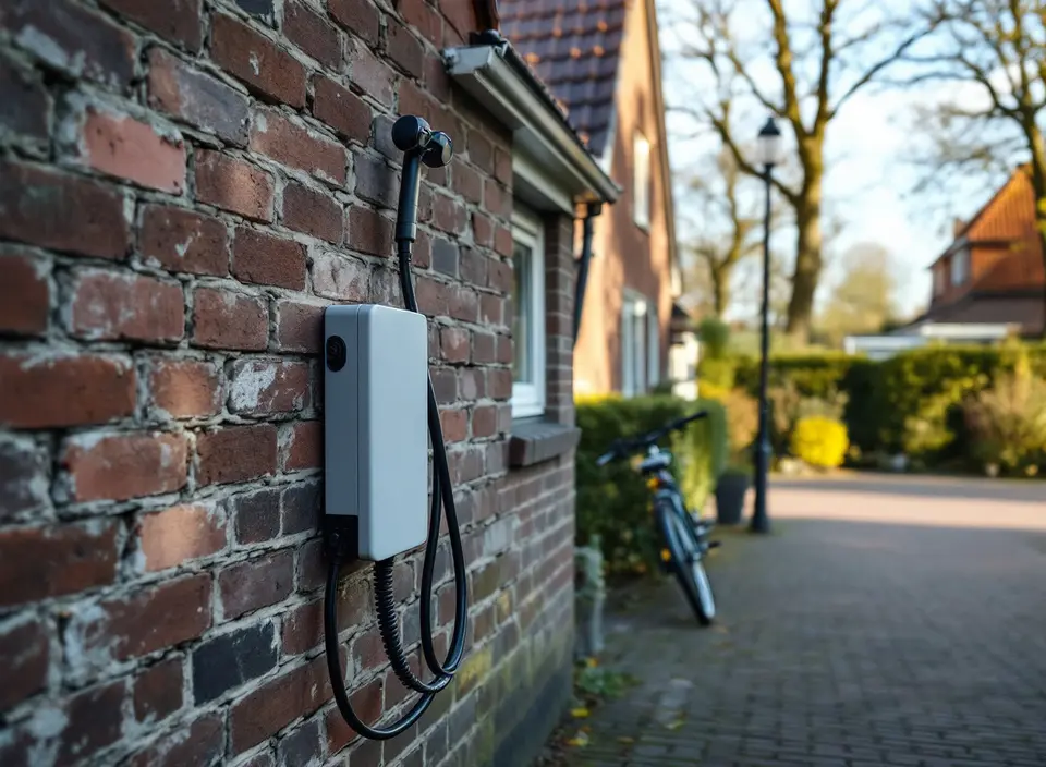 Een grijze wandlader met laadkabel aan de bakstenen gevel van een Nederlands huis, met een fiets bij de heg