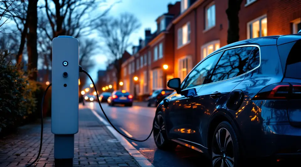 Een elektrische auto staat in de schemering aan een openbare laadpaal in een Nederlandse straat met bakstenen rijtjeshuizen